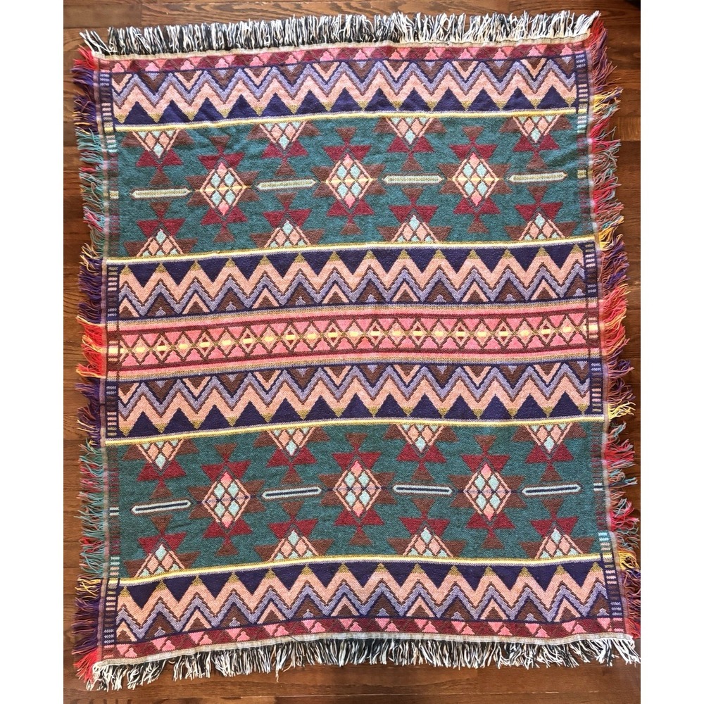 Vintage Goodwin Weavers Aztec Southwest Throw Blanket Fringe 60" x 52" Cotton